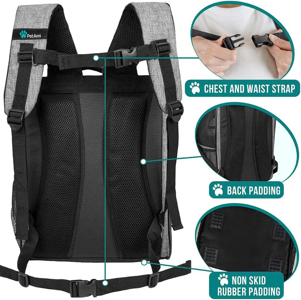 Dog Backpack Carrier Airline Approved Cat Pet Puppy Bag, Grey | Ideal for Small Medium Large Pet up to 18 Lb, 2 Side Entry Structured No-Collapse Frame, Ventilated Bookbag for Hiking Travel