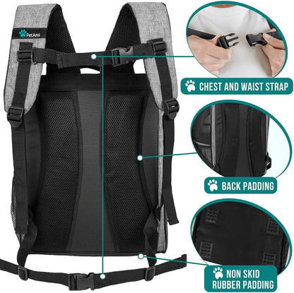 Dog Backpack Carrier Airline Approved Cat Pet Puppy Bag, Grey | Ideal for Small Medium Large Pet up to 18 Lb, 2 Side Entry Structured No-Collapse Frame, Ventilated Bookbag for Hiking Travel