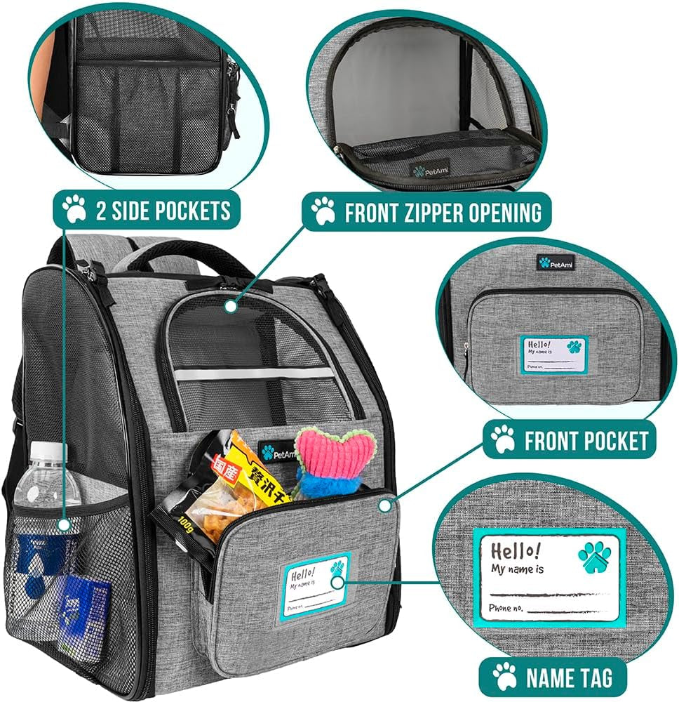 Dog Backpack Carrier Airline Approved Cat Pet Puppy Bag, Grey | Ideal for Small Medium Large Pet up to 18 Lb, 2 Side Entry Structured No-Collapse Frame, Ventilated Bookbag for Hiking Travel