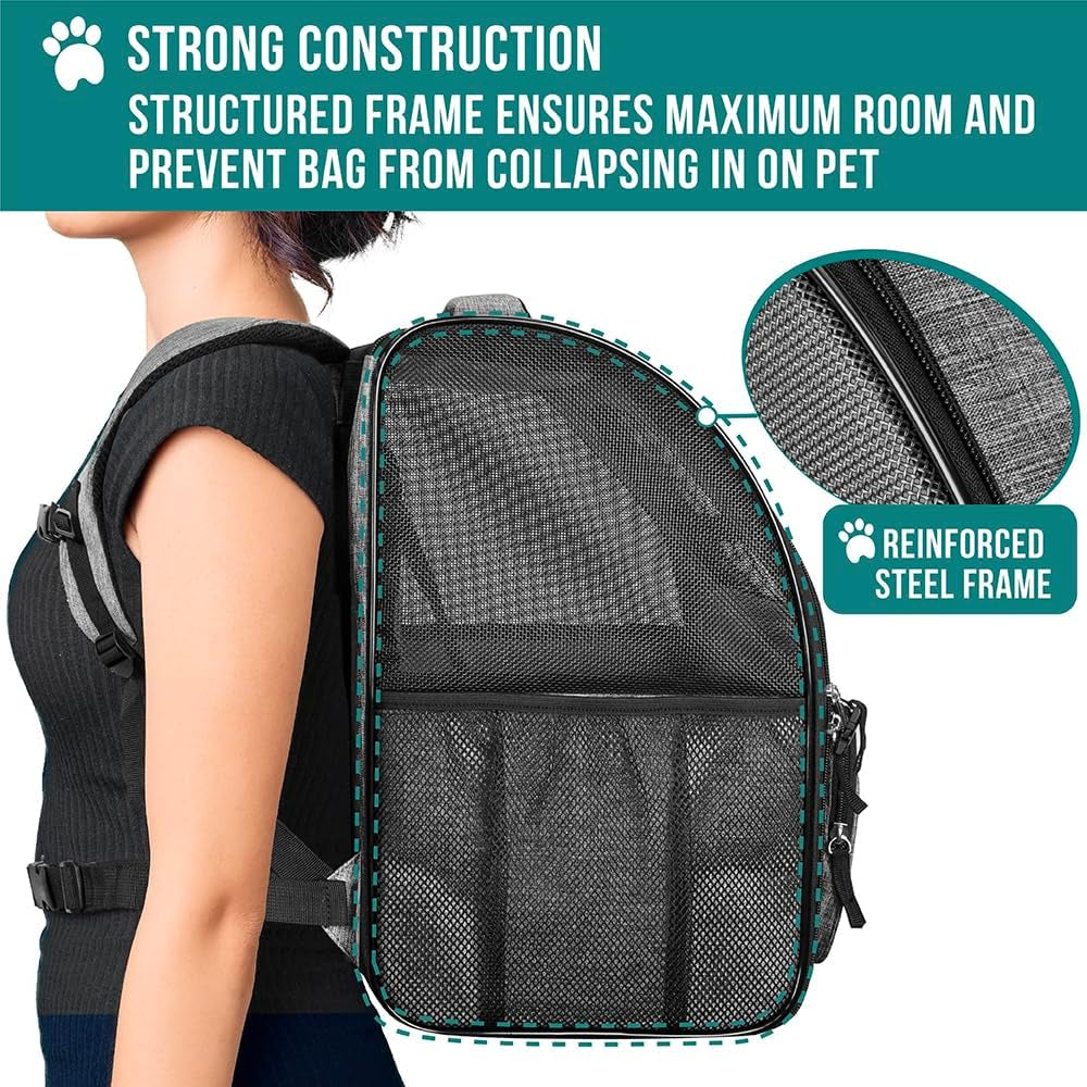 Dog Backpack Carrier Airline Approved Cat Pet Puppy Bag, Grey | Ideal for Small Medium Large Pet up to 18 Lb, 2 Side Entry Structured No-Collapse Frame, Ventilated Bookbag for Hiking Travel
