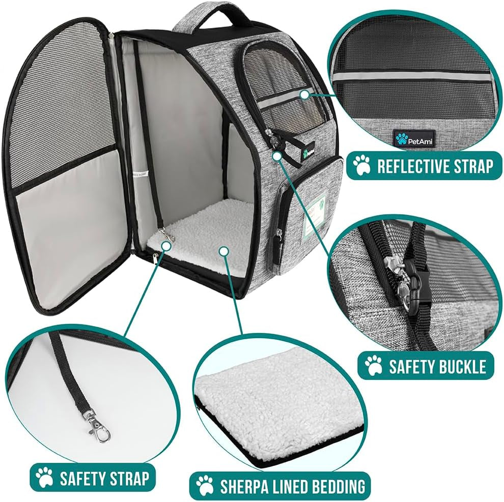 Dog Backpack Carrier Airline Approved Cat Pet Puppy Bag, Grey | Ideal for Small Medium Large Pet up to 18 Lb, 2 Side Entry Structured No-Collapse Frame, Ventilated Bookbag for Hiking Travel
