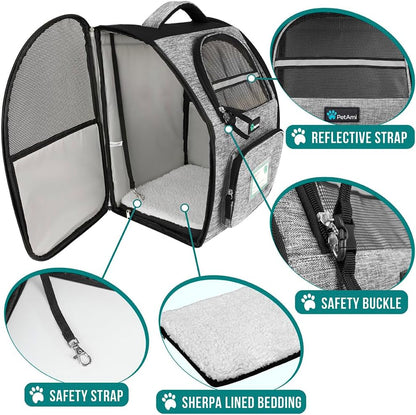 Dog Backpack Carrier Airline Approved Cat Pet Puppy Bag, Grey | Ideal for Small Medium Large Pet up to 18 Lb, 2 Side Entry Structured No-Collapse Frame, Ventilated Bookbag for Hiking Travel
