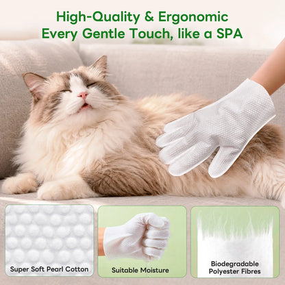Pet Cleaning Glove Wipes for Dogs & Cats, No-Rinse Waterless Bath Grooming Wipes, Deodorizing Hypoallergenic Pet Wipes for Paws, Fur, Face, Ears & Butt, Extra Thick Daily Pet Care