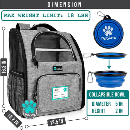 Dog Backpack Carrier Airline Approved Cat Pet Puppy Bag, Grey | Ideal for Small Medium Large Pet up to 18 Lb, 2 Side Entry Structured No-Collapse Frame, Ventilated Bookbag for Hiking Travel