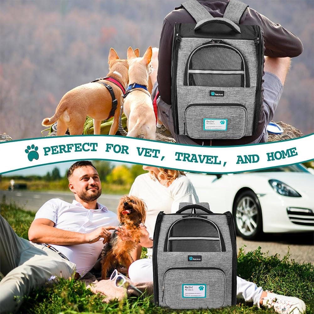 Dog Backpack Carrier Airline Approved Cat Pet Puppy Bag, Grey | Ideal for Small Medium Large Pet up to 18 Lb, 2 Side Entry Structured No-Collapse Frame, Ventilated Bookbag for Hiking Travel