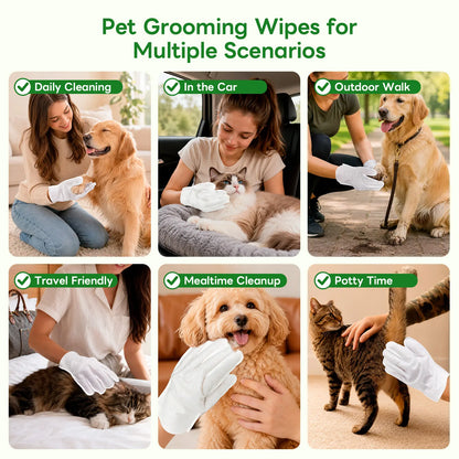 Pet Cleaning Glove Wipes for Dogs & Cats, No-Rinse Waterless Bath Grooming Wipes, Deodorizing Hypoallergenic Pet Wipes for Paws, Fur, Face, Ears & Butt, Extra Thick Daily Pet Care
